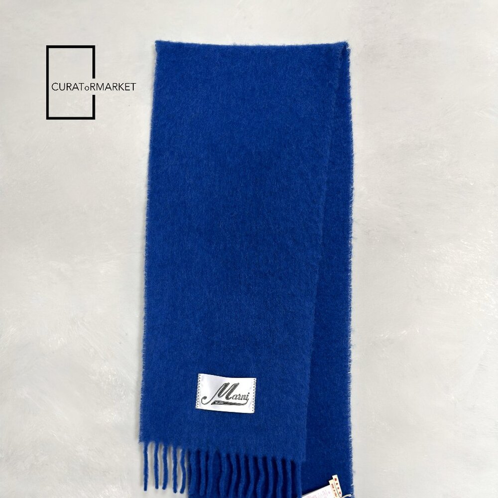 Marni: Embroidered Logo Alpaca Felted Wool Classic Blue Scarf FW26 - Picture 2 of 10